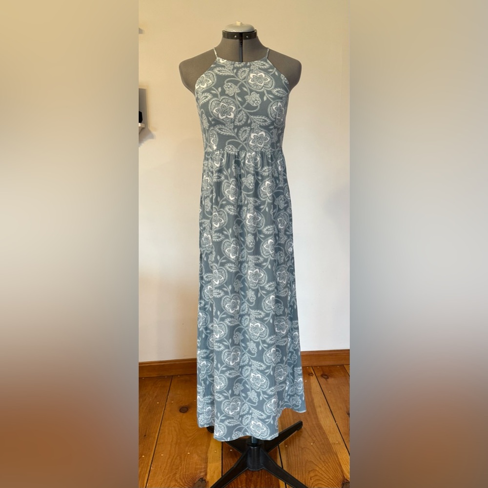 LOFT Blue and White Smocked A-Line Maxi Dress